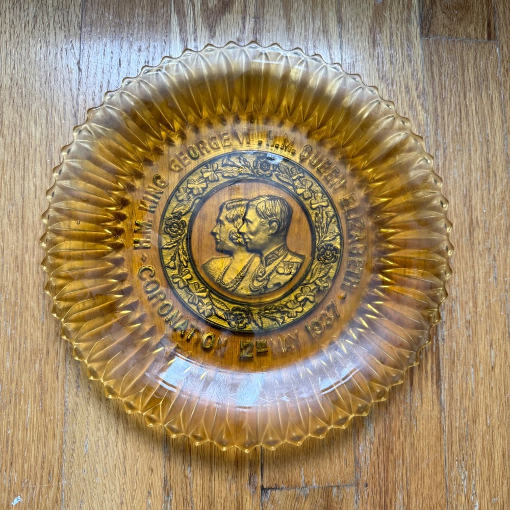 1937 King George VI Queen Elizabeth Coronation Amber Glass Plate Antique Royal